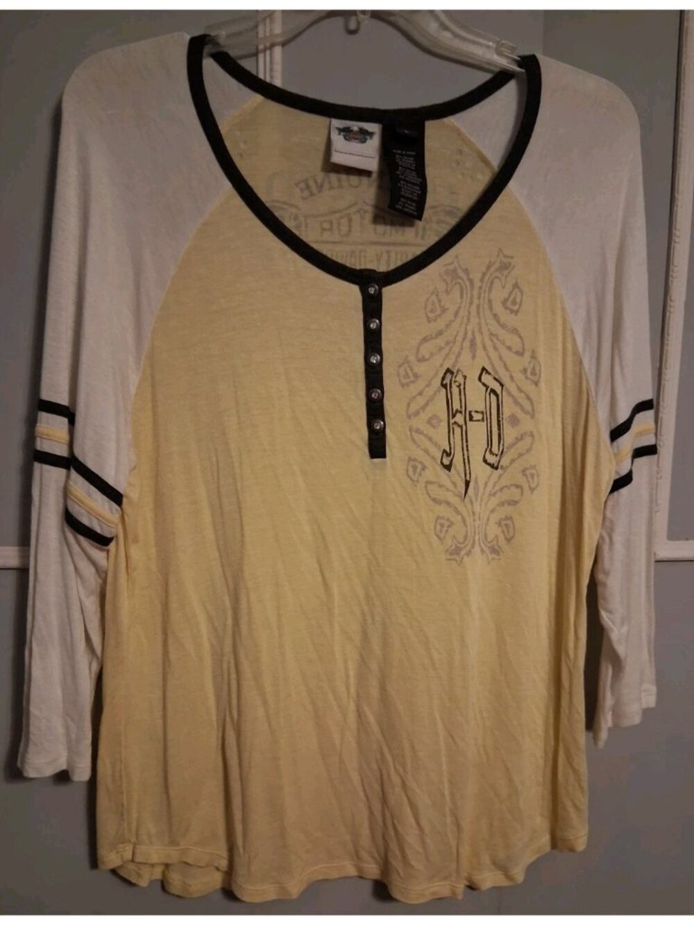 Harley Davidson Casual Long Sleeve Graphic Shirt Womens L Yellow White